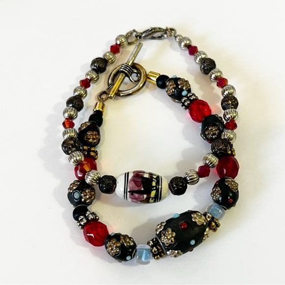 Red Black Glass Southwestern Bracelet Silver Handmade Western Rustic Earthy 2x - Picture 6 of 6